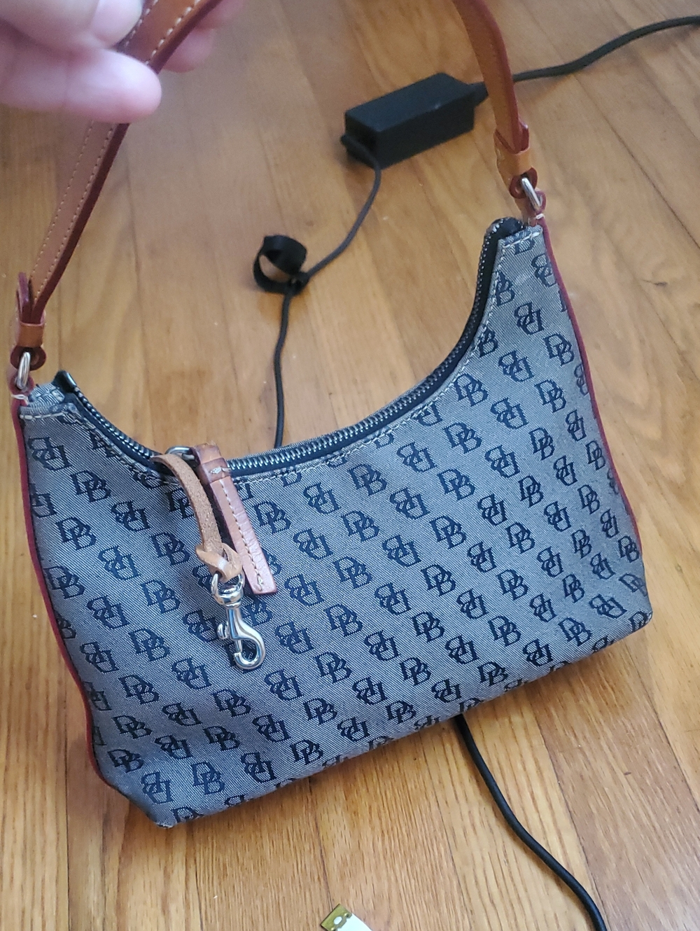 Vintage Dooney & Bourke Gray Monogram Mini Shoulder Bag with Tan Trim Womens